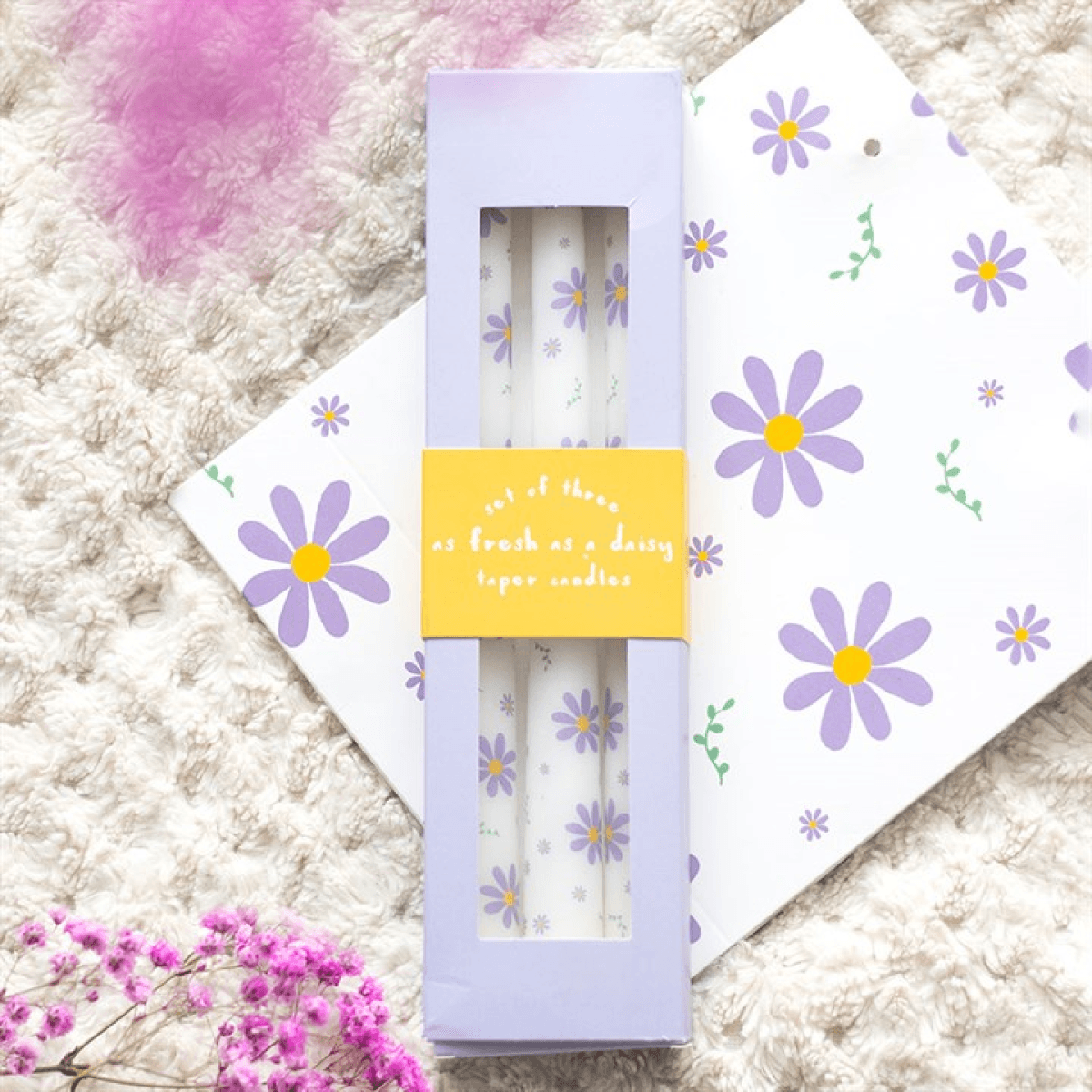 Set of 3 Purple Daisy Taper Candles N/A