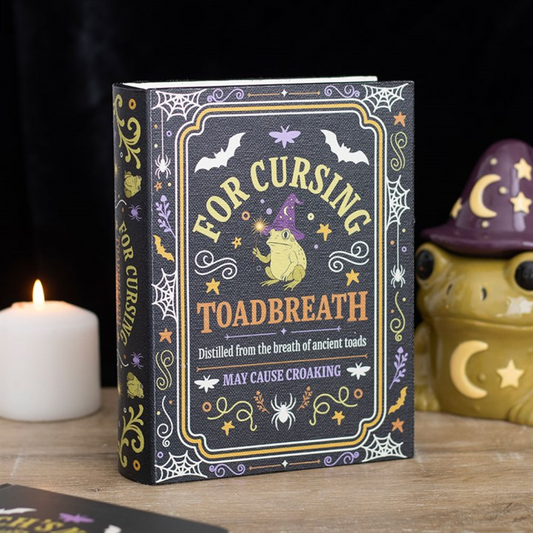 Toadbreath Spell Book Shaped Storage Box with detailed artwork for Halloween decor, perfect storage box for small treasures.