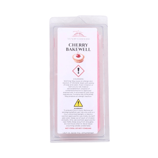 Cherry Bakewell 50g Wax Melt Snap Bar packaging featuring warnings and product details.