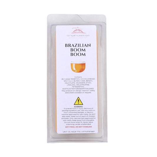 Brazilian Boom Boom 50g Wax Melt Snap Bar packaging with fragrant ingredients and usage instructions.