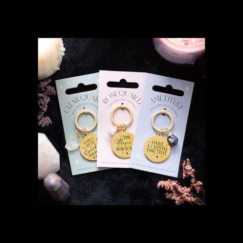 Set of 18 Gold Crystal Keyrings on Wooden Display Stand-Sociodigi